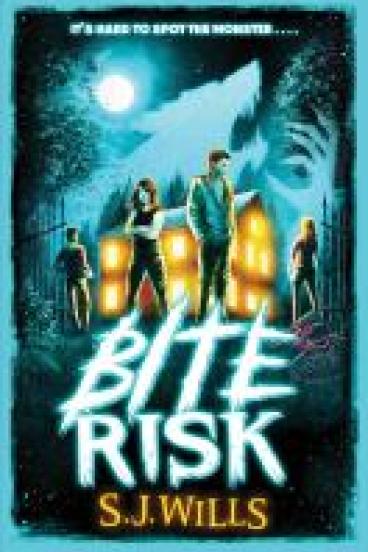 book cover for Bite Risk, featuring an illustration of four teens standing in the open gate before a spooky house with all its windows radiating light, behind the house the silhouette of a wolf howls into the moonlit sky