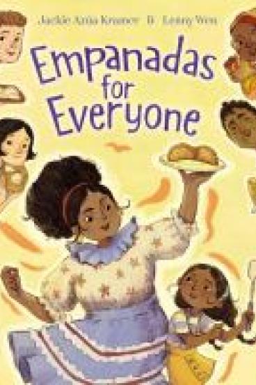 book cover for Empanadas for Everyone, featuring an illustration of a woman with a luxurious mass of hair pulled back in a headband dancing with a plate of empanadas, with an eager child holding a spatula dancing with her, and various neighbors holding plates of other foods poking their heads in from the edges of the image