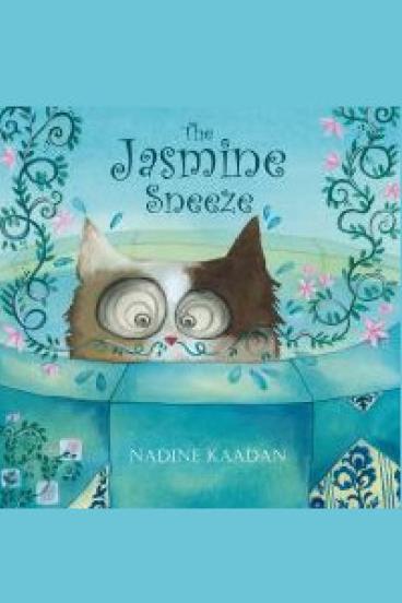 Book cover for The Jasmine Sneeze, featuring an illustration of cartoonish cat with large crossed eyes and a splotchy gray black and white fur pattern.  It sits in a round stone pool or fountain and is surrounded by curling vines with dainty leaves and pink flowers