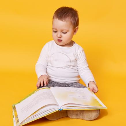 Toddler with a big book in it's lap