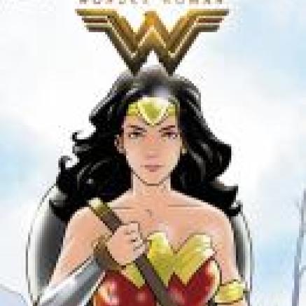 Book Cover of I am an Amazon Warrior, featuring a cartoon drawing of Wonder Woman against a blue and clouded sky