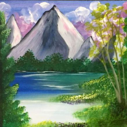 Painting of a mountain and happy little trees, just like Bob Ross would paint.