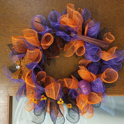 Halloween Craft Wreath with Skeleton, purple and orange ribbon
