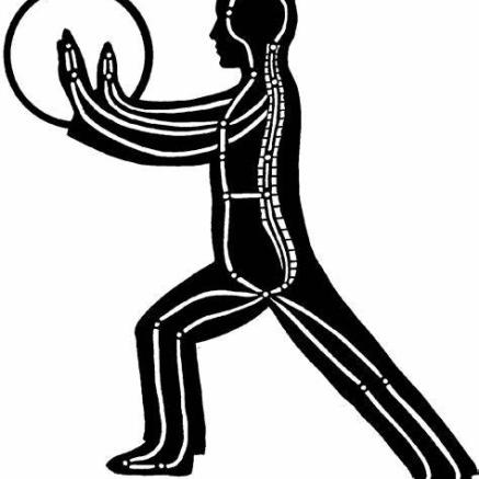 An illustration of a man in a stretching pose, pushing on a circle.