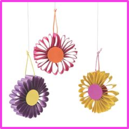 3D craft of pink, yellow and purple hanging flowers made from colored folded paper