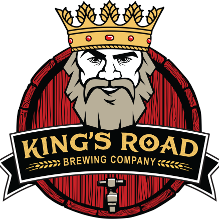 Logo for King's Road Brewing Company. Logo features the face of a bearded man with a crown in front of a wood brewing barrel