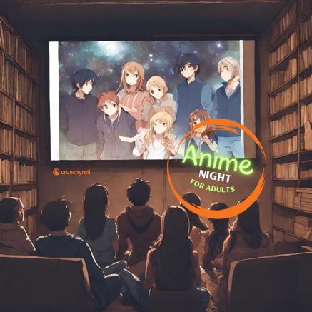 Animated image of people sitting in a library watching anime