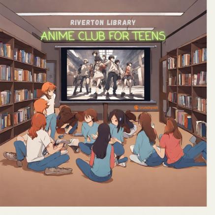 Animated image of teenagers watching anime in a library