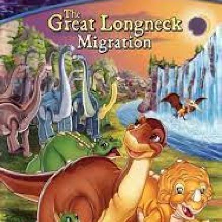 Picture of the movie characters with longneck dinsaurs