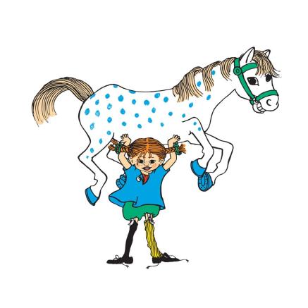 Illustrated Pippi Longstocking lifting a horse over her head