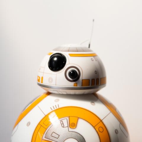 BB8, a droid from the Star Wars universe, looks into the camera.