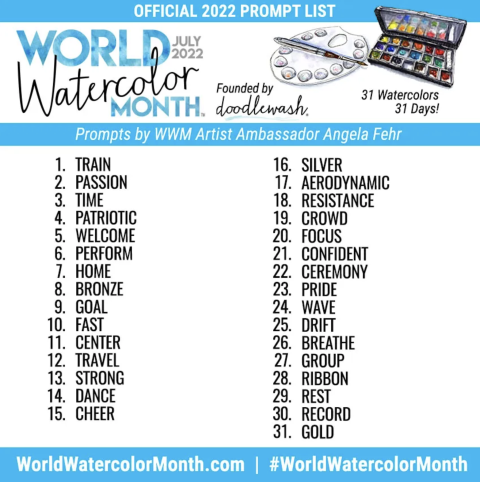 A list of prompts for World Watercolor Month including the words: Train, Passion, Time, Patriotic, Welcome and more.