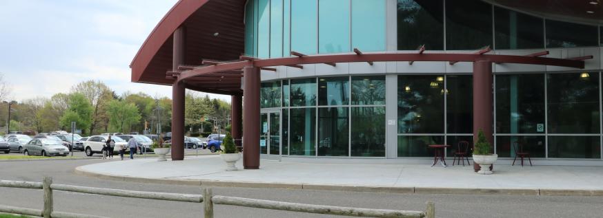 The front entrance of the Burlington County Library in Westampton, NJ.