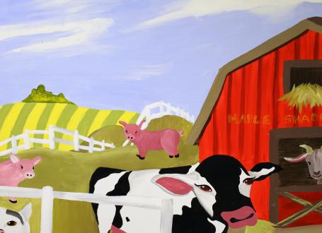 A mural in the meeting room highlights local farm life.