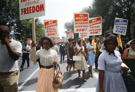 Civil rights march on Washington, D.C, 1963, people marching with signs, colorized image of a black and white photo by Warren K. Leffler.