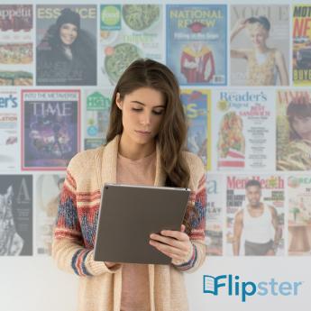 A woman looks at her tablet choosing between the titles available on Flipster, the library's digital magazine provider.