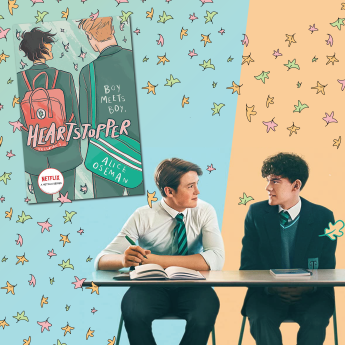 The cover for the graphic novel Heartstopper, floats above the main characters from the Netflix series.